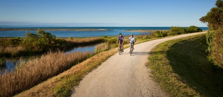 a person riding a bike down a dirt road near a body of water