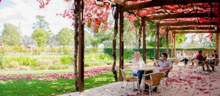 a group of people sitting at a table in a park