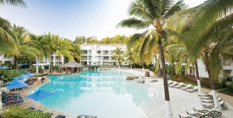 a pool next to a palm tree