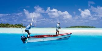 a blue and white boat sitting next to a body of water