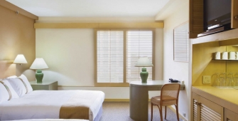 a bedroom with a large bed in a hotel room