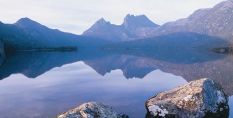 a view of a lake with a mountain in the background