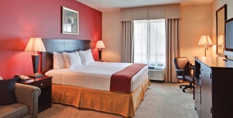 a bedroom with a bed and desk in a hotel room