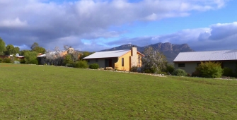 a large green field in front of a house