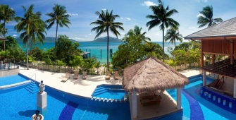 a pool next to a palm tree on a beach