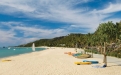 a group of lawn chairs sitting on top of a sandy beach