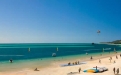 a group of people on a sandy beach next to the ocean