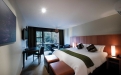 a bedroom with a large bed in a hotel room