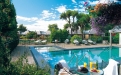 a garden with water in the background