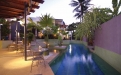 a dining room table in front of a palm tree