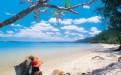 a person sitting on a beach near a body of water