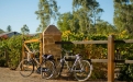 a bicycle parked in front of a wooden bench