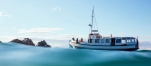 a blue and white boat floating on a body of water