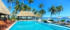 a group of palm trees next to a pool of water