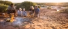 a group of people sitting at a beach